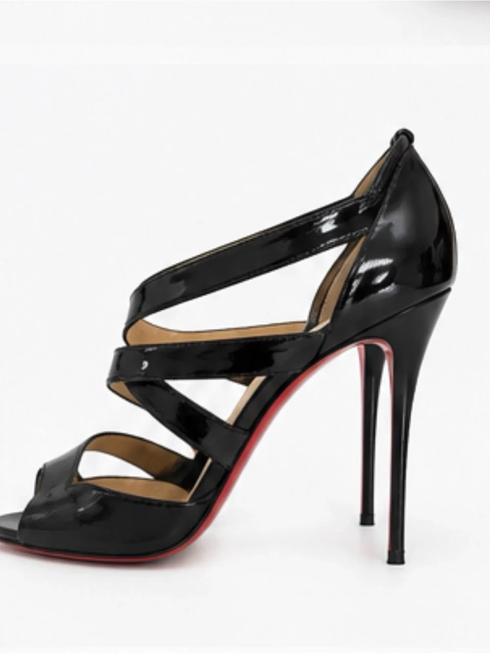 Christian Louboutin Black Patent Peep-Toe Strappy Heels